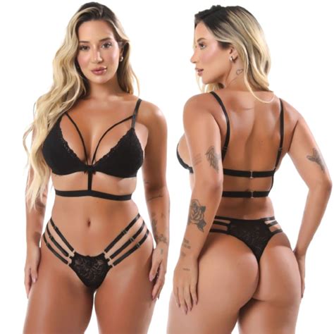 Conjunto Feminino Tiras Lingerie Ntimo Strapy Renda Calcinha Suti E