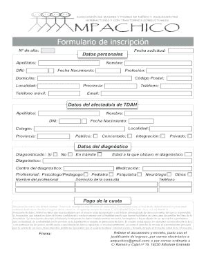 Completable En línea Formulario de inscripcin bTDAHb bGranadab Fax