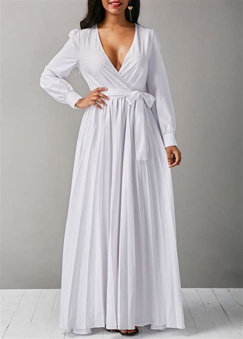 Us 34 04 Belted Long Sleeve V Neck White Maxi Dress Long Sleeve