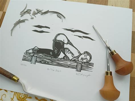 Sexy Nude On The Dock Linocut Block Print Erotic Wall Art Sexy Body Positive Nude Portrait