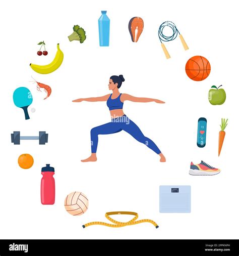 Woman doing yoga exercises. Icons of healthy food, vegetables and sports equipment for different ...