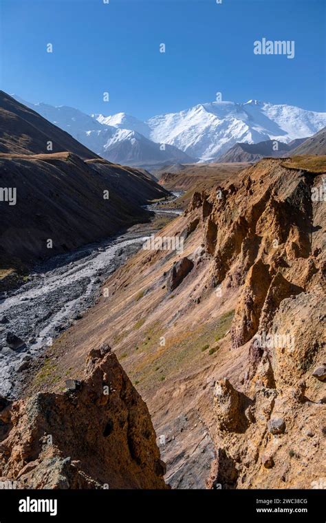 Valley with river Achik Tash between high mountains, mountain landscape ...
