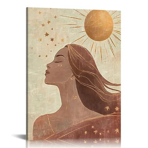 Gouleft Mid Century Boho Wall Art Canvas Print Abstract Woman Sun Moon