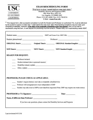 Fillable Online Dsp Usc Exam Rescheduling Form This Form Is Due Week