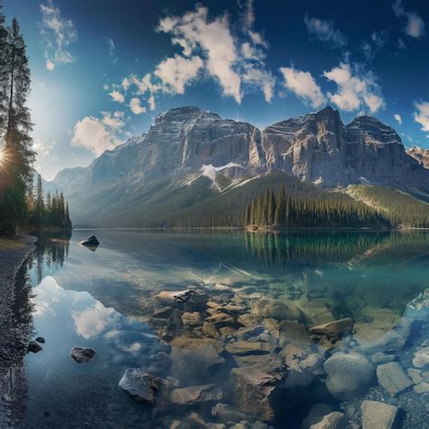 beautiful mountain lake landscape   bright blue sky premium ai