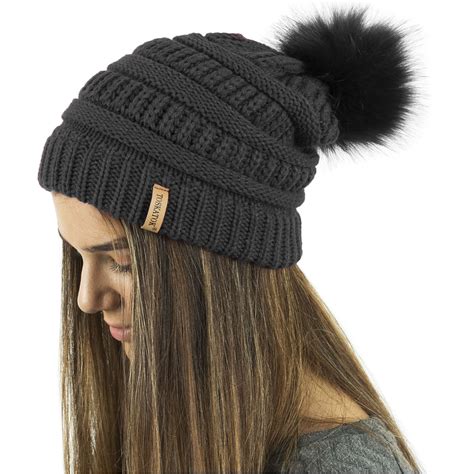 Ladies Womens Winter Textured Knit Beanie Bobble Hat Detachable Faux