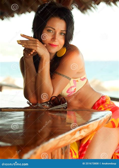 Pretty Woman In Bikini In Seashore Bar Stock Photo Image Of Beauty