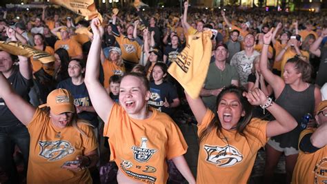 Predators fans celebrate outside Bridgestone Arena