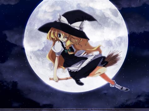 Blonde Hair Bow Brown Eyes Clouds Hat Kirisame Marisa Long Hair Moon Night Sky Stars Touhou Wink