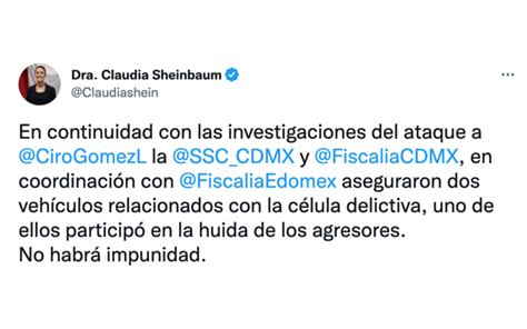 Aseguran Vehículo Que Usaron Atacantes De Ciro Gómez Leyva Para Escapar Confirma Claudia