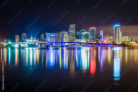 The Miami Skyline At Night Seen From Watson Island Miami Flor Stock