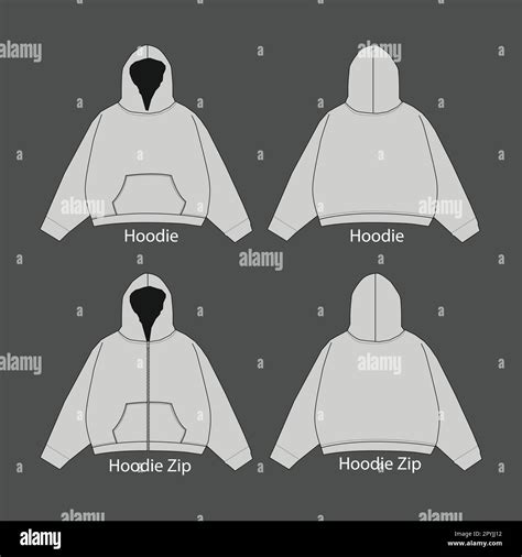 Hoodie Sweatshirt Flat Technical Drawing Illustration Mock Up Template Zip Up Hoodie Unisex