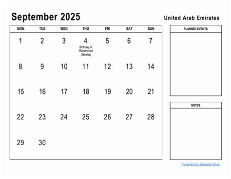 September 2025 Planner with United Arab Emirates Holidays