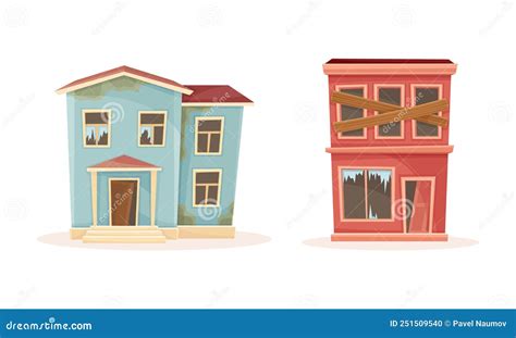 Ruined And Abandoned Buildings Set Old Damaged City Buildings Cartoon