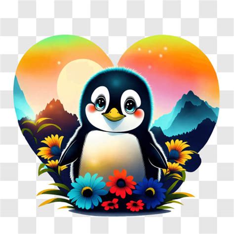 Descarga Adorable pingüino de dibujos animados en un paraíso floral PNG