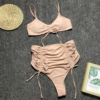 Strap High Waist Bikini Women S Split Swimsuit Solid Color Swimsuit On Luulla