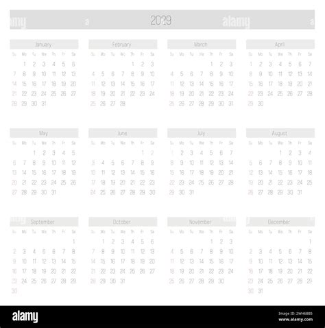 Monthly Calendar Of Year Week Starts On Sunday Block Of Months