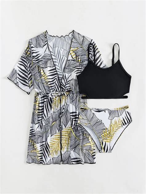 Tween Girl Tropical Print Bikini Set With Kimono Matching Sets Summer Beach Shein Usa