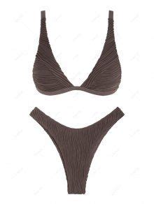 Zaful Textured High Cut Bikini Swimwear In Deep Coffee Zaful