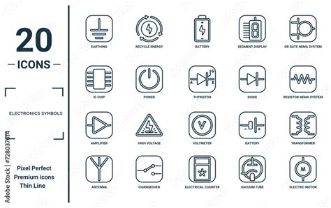 electronics symbols linear icon set. includes thin line earthing, ic ...