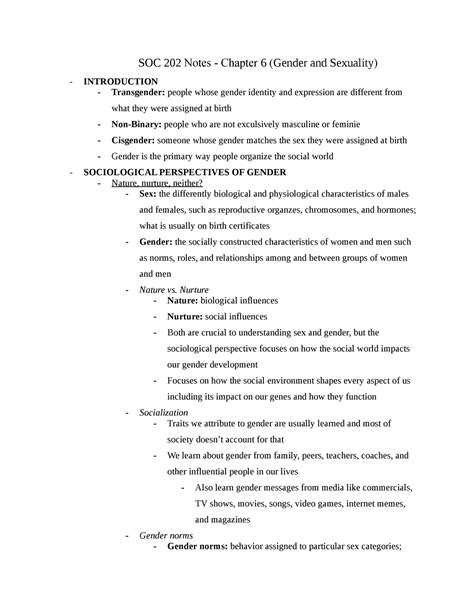 Soc 202 Notes Chapter 6 Gender And Sexuality Soc 202 Notes