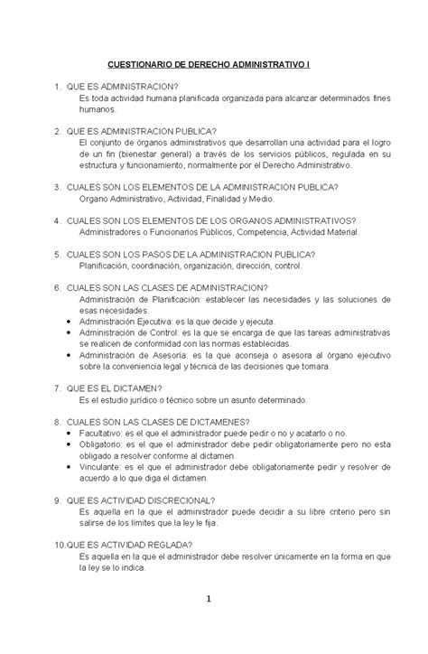 Cuestionarios De Derecho Administrativo I Cuestionario De Derecho