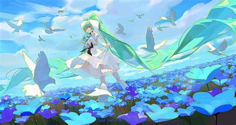 Vocaloid Hatsune Miku Chicas Anime Flores Azules Flores Mirando Al