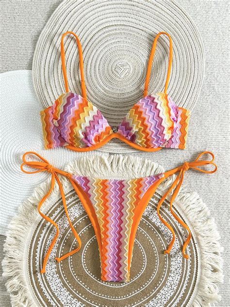 Swim Vcay 2pcs Women S Jacquard Knit Push Up Camisole Top And Side Tie Triangle Bikini Bottom