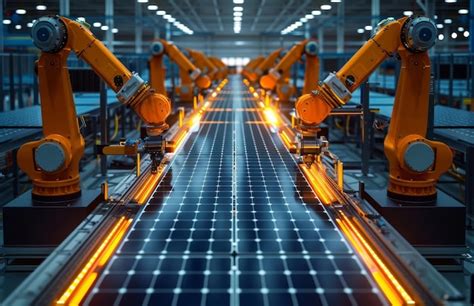 Linha de produção industrial de painéis solares com braços robóticos ...
