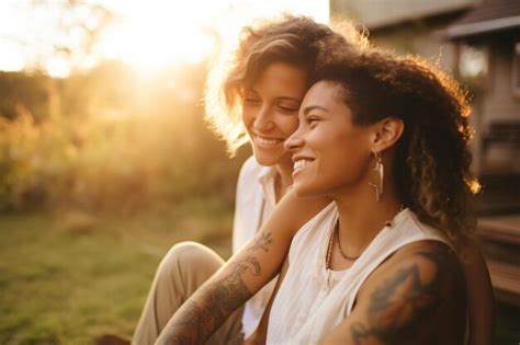 Premium AI Image Biracial Lesbian Couple Sitting And Embracing In
