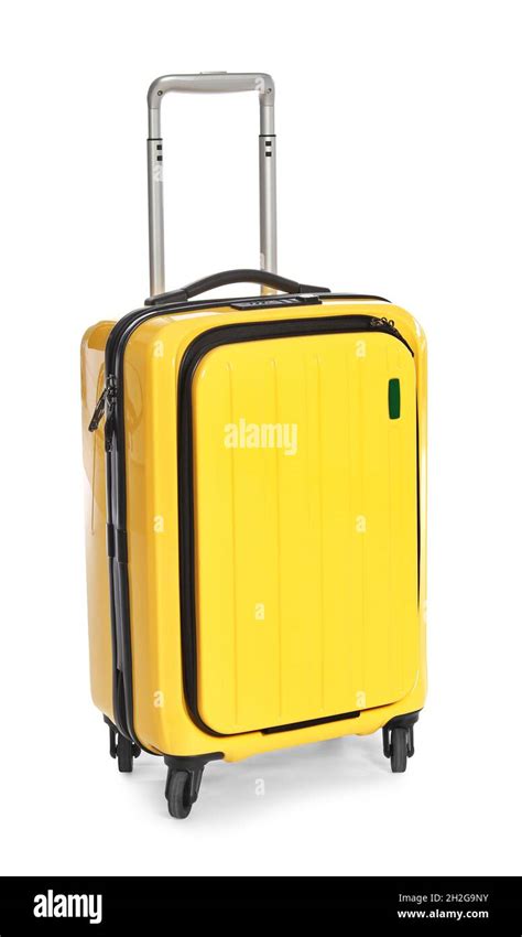 Bright yellow suitcase on white background Stock Photo - Alamy