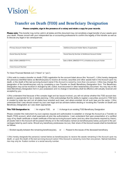 Fillable Transfer On Death Tod And Beneficiary Designation Printable