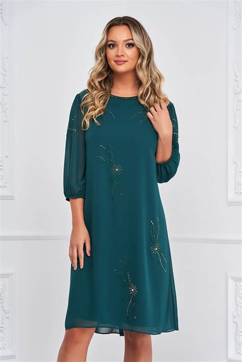 Darkgreen Dress From Veil Fabric Loose Fit Strass Midi