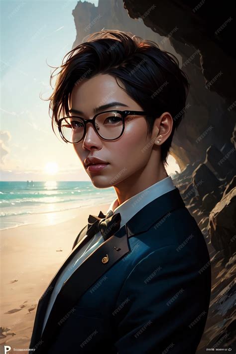 Premium Ai Image A Woman In A Suit And Glasses Stands In Front Of A Beach