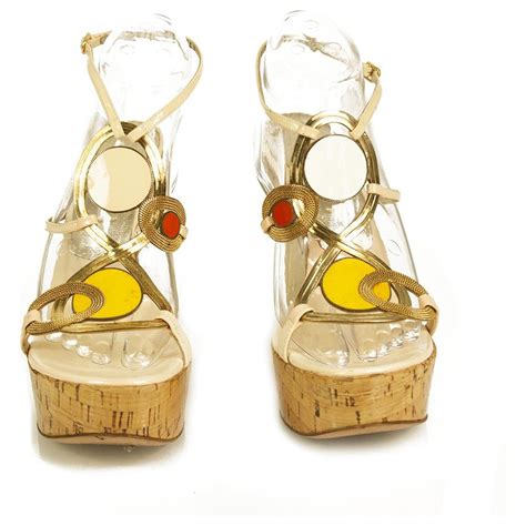 Casadei Sandales Compens Es En Cuir Jaune Nude Et Dor En Li Ge Chaussures Talons Ref