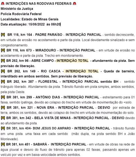 Feriad O Minas Tem Oito Estradas Parcialmente Interditadas E Duas