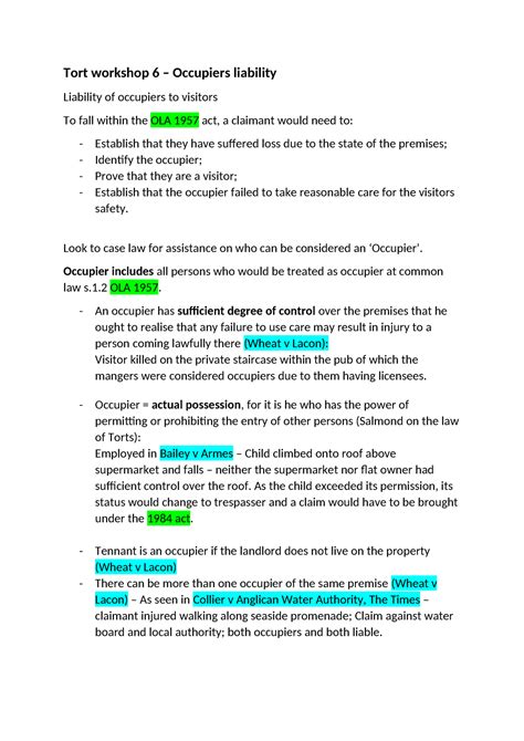 Tort Workshop 6 Occupiers Liability Notes Tort Workshop 6