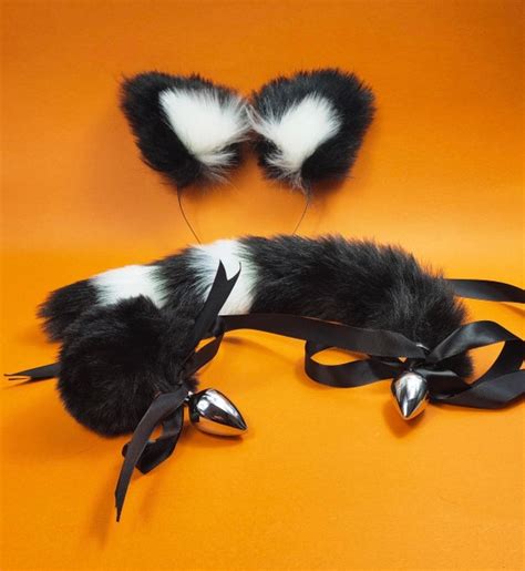 Black Cat Tail Butt Plug Bunny Tail Plug And Ears Set Anal Etsy