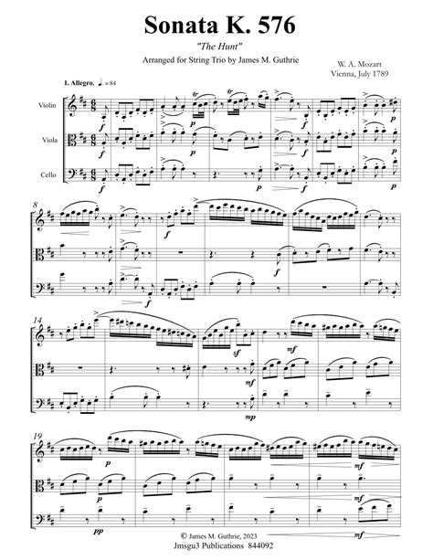 Mozart Sonata K The Hunt For String Trio Arr James M Guthrie