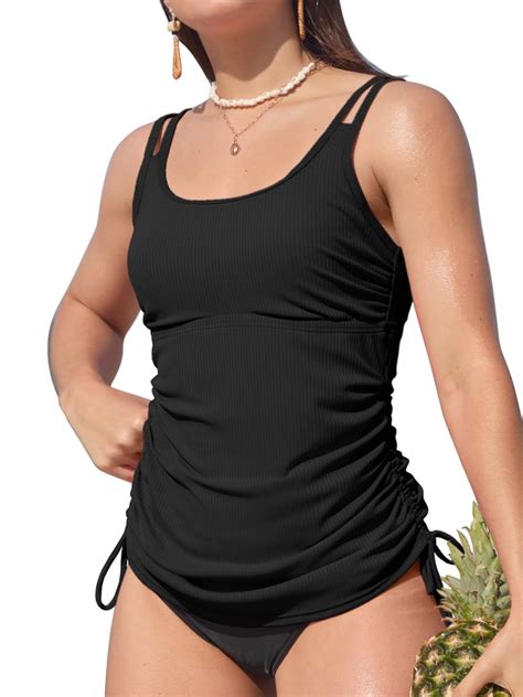 Charmo Side Drawstring Swim Tops For Womens Ribbed Tankini Tops Padded Bikini Tops No Bottoms