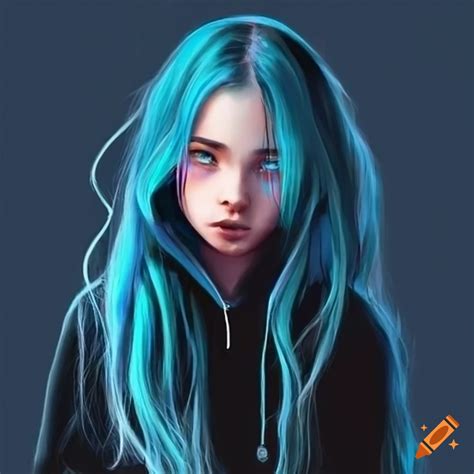 Girl With Long Blue Hair In A Black Hoodie On Craiyon