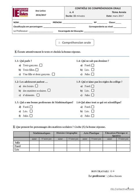 Test d évaluation écrite et oral Français FLE fiches pedagogiques