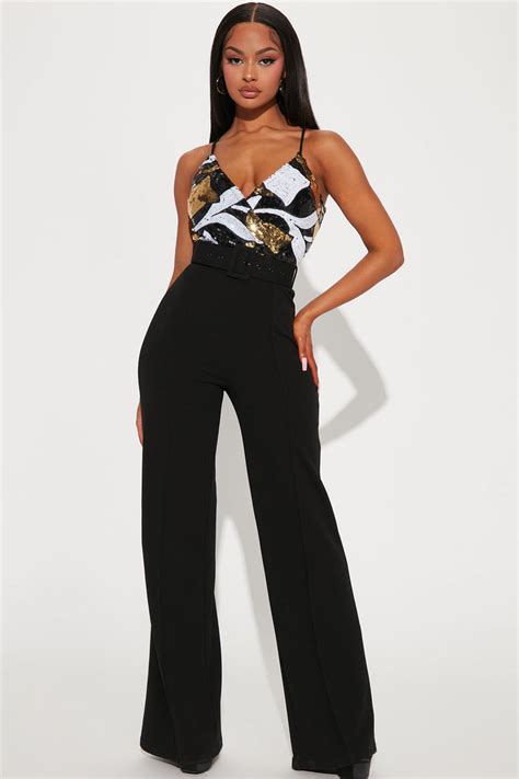 Charlotte Sequin Jumpsuit Black Gold Fashion Nova Jumpsuits