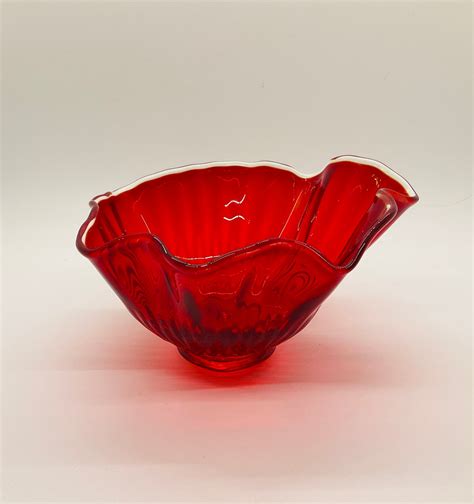 Ruby Red Glass Candy Dish Unique Shape Ribbed Glass Vintage Glass