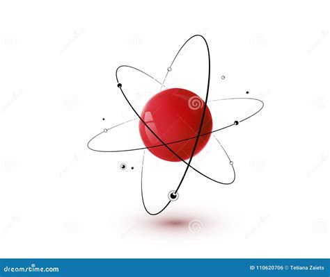 Red Atom With Core Orbits And Electrons Isolated On White Background