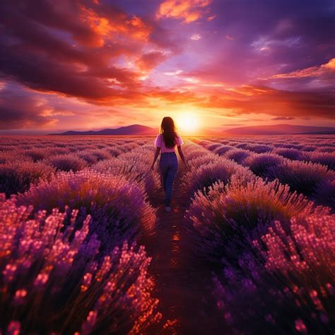 Premium Ai Image Magical Sunset Over Endless Lavender Fields