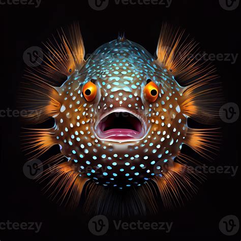 Illustration Of Surrealistic Pufferfish With Opened Mouth On Black