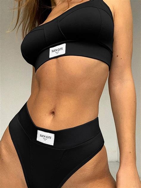 Emmiol Kostenloser Versand Einfarbiges Bikini Set Mit Logo Patch Schwarz M Von Bikinis Im