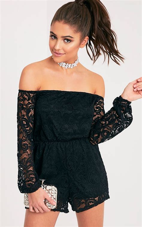 Ellora Black Lace Bardot Long Sleeve Playsuit Long Sleeve Playsuit