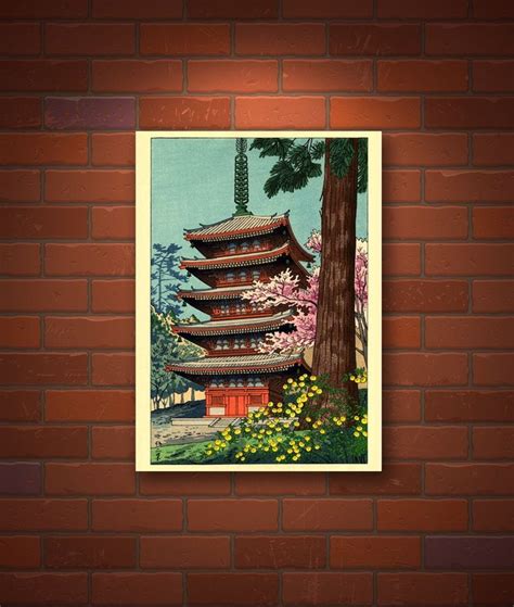 Japanese Art Woodblock Art Prints Temple Cherry Blossoms Spring In